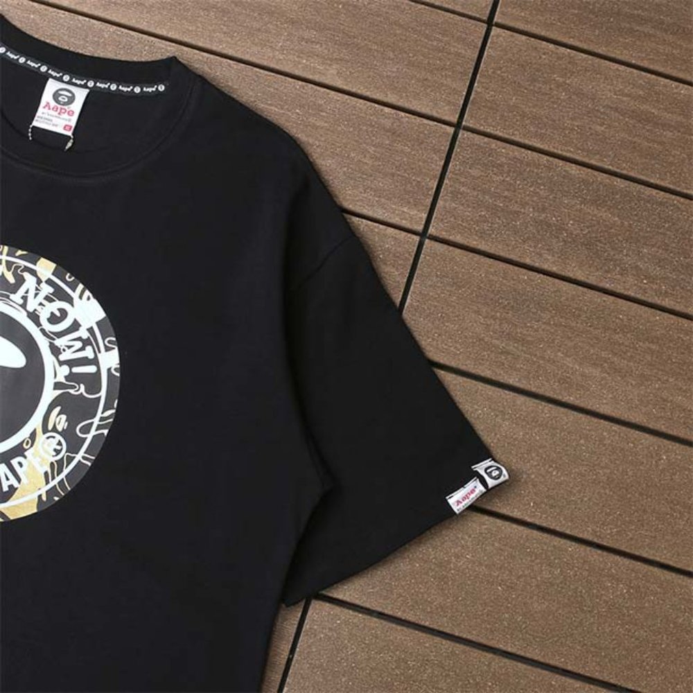 AAPE Yellow Ring Letter Print Logo T-Shirt - Black Short Sleeve - Picture 8 of 11